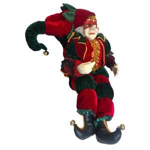 Vintage Christmas Elf Jester Fairy Harlequin Shelf Sitter Red Green Velvet 35"